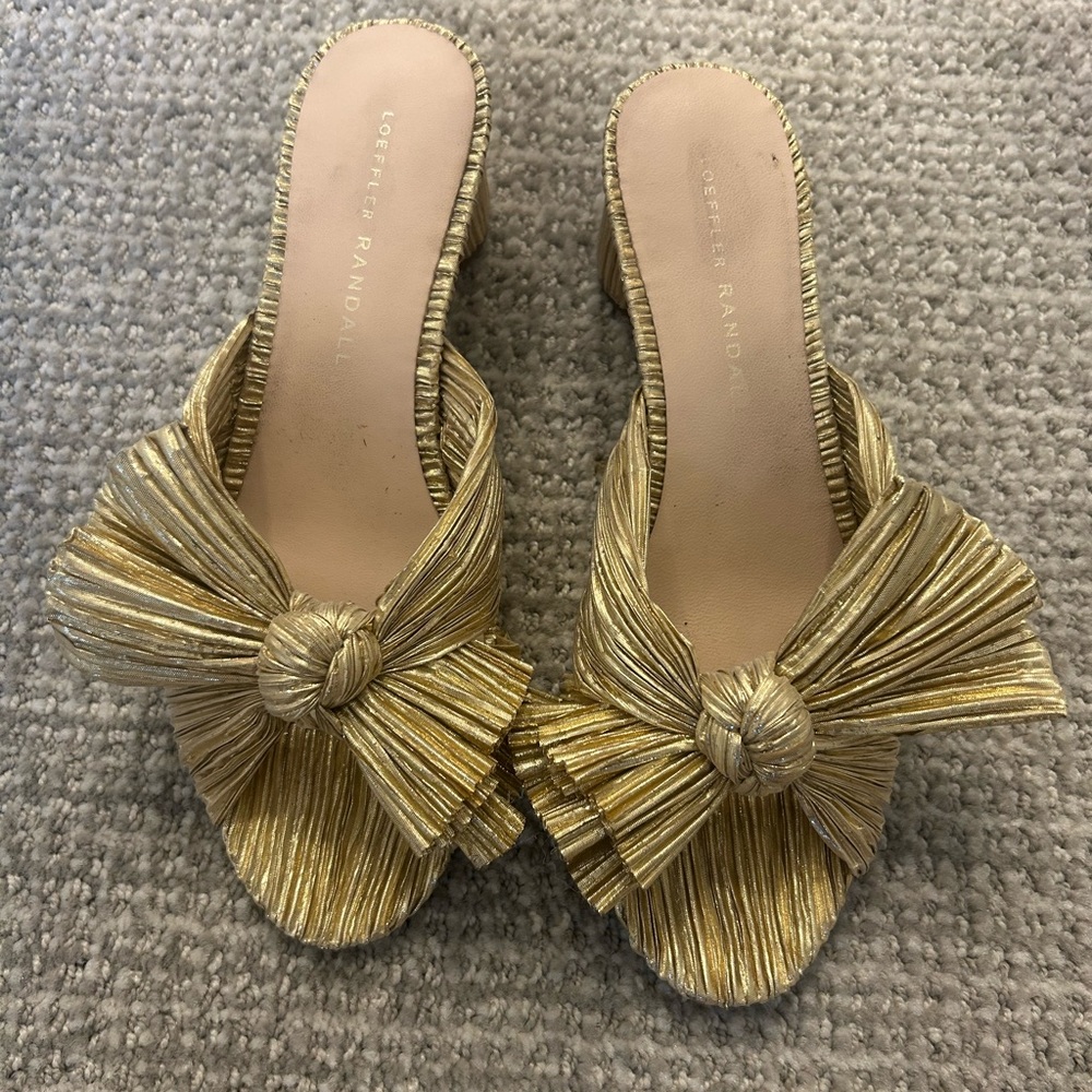 Loeffler Randall gold bow heeled slides size 6